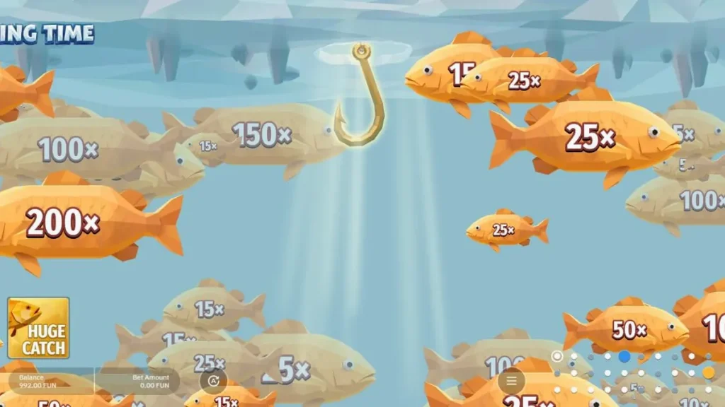 Roda de bônus do jogo Fishing Time em um cenário de lago congelado
