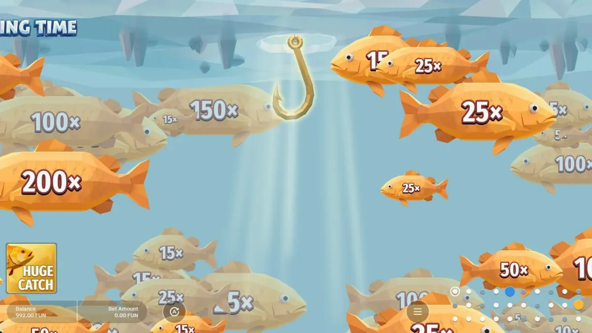 Roda de bônus do jogo Fishing Time em um cenário de lago congelado