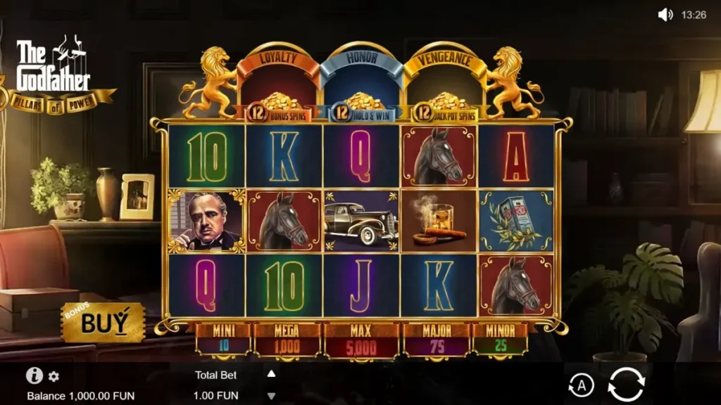 Interface do jogo The Godfather: 3 Pillars of Power com elementos temáticos de máfia.