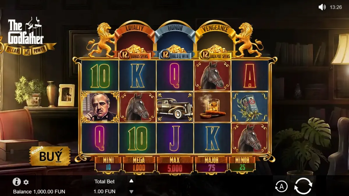 Interface do jogo The Godfather: 3 Pillars of Power com elementos temáticos de máfia.
