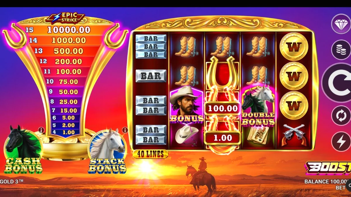 Interface do slot Western Gold 3 com elementos de Velho Oeste e escada de prêmios